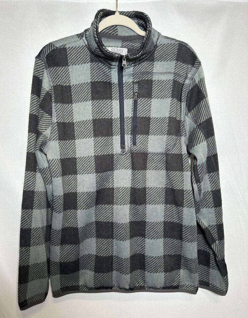 Ocean Coast Men's Medium Green Gray Black Plaid Quarter Zip Pullover Fleece